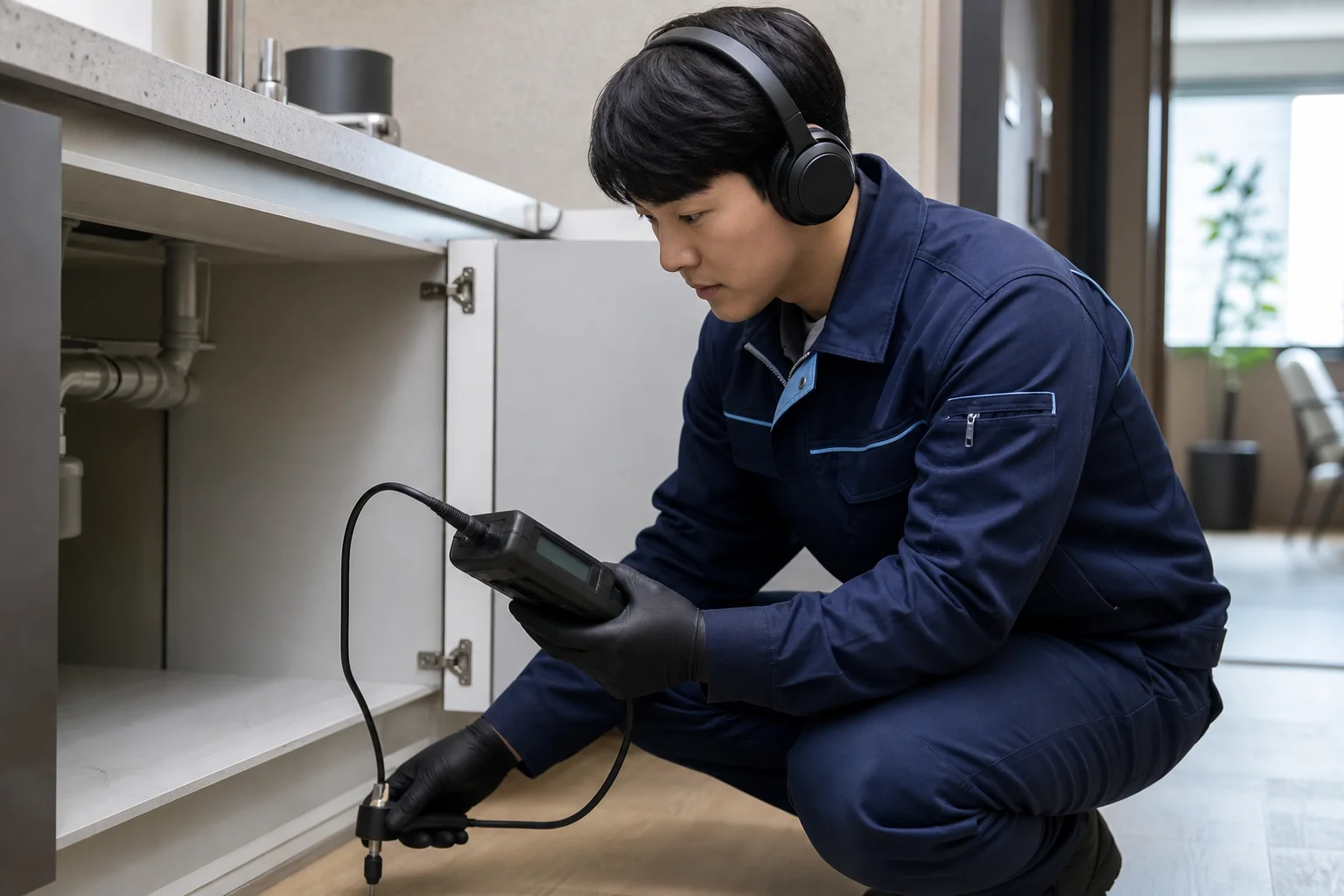 경상북도 의성군 가음면 누수 탐지 전문 기술자 현장 작업 모습 — 24시번개하수구