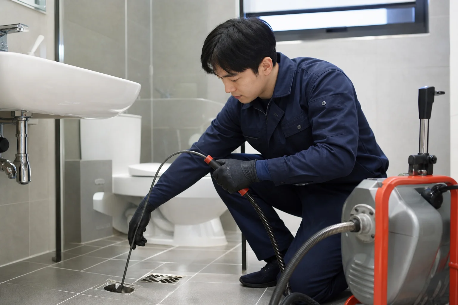 충청남도 홍성군 홍북읍 배관 청소 전문 기술자 현장 작업 모습 — 24시번개하수구